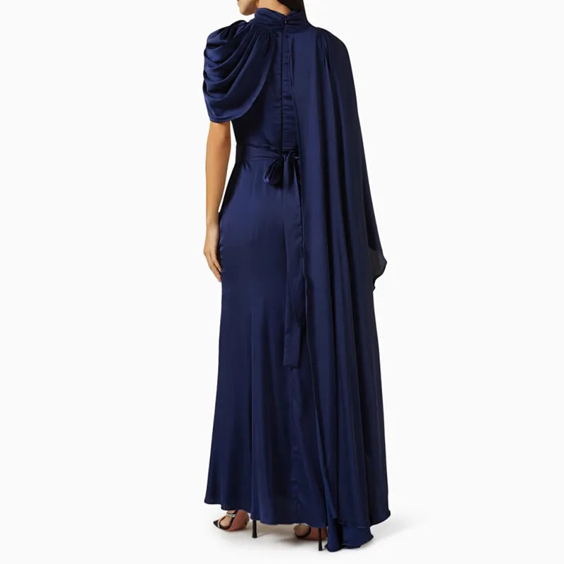 KBQ Solid Spliced Folds Elegant Dress For Women Stand Collar One Shoulder Sleeve High Waist Temperament Dresses Female Fashion - CHRISTDEST GLOBAL SERVICE