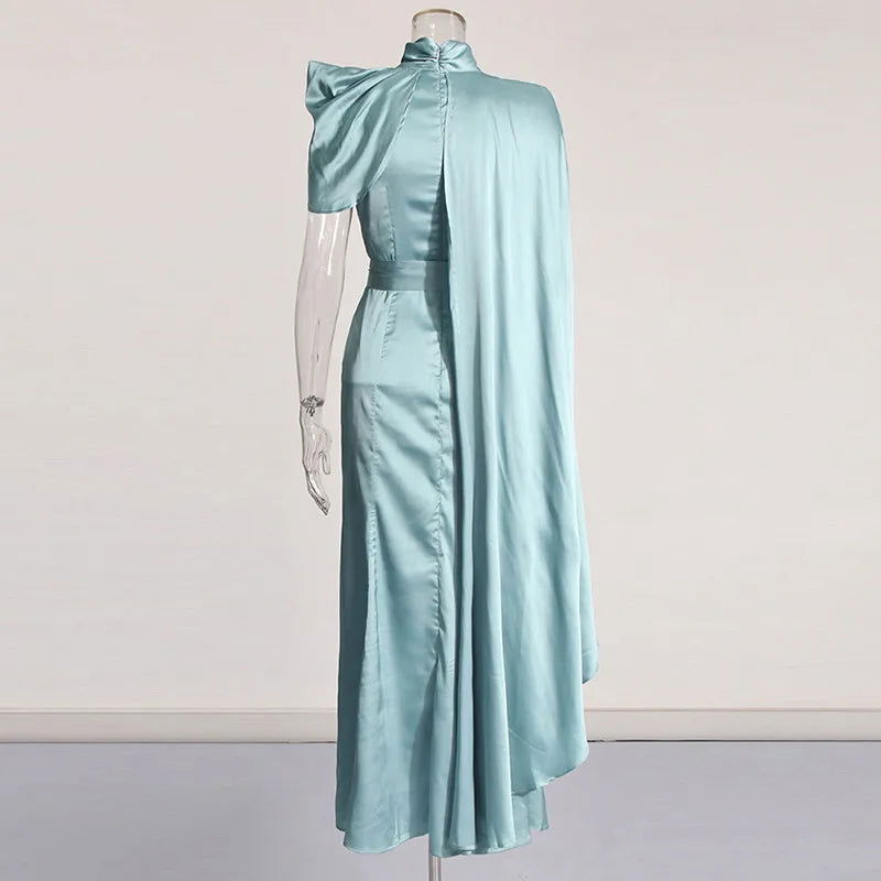KBQ Solid Spliced Folds Elegant Dress For Women Stand Collar One Shoulder Sleeve High Waist Temperament Dresses Female Fashion - CHRISTDEST GLOBAL SERVICE