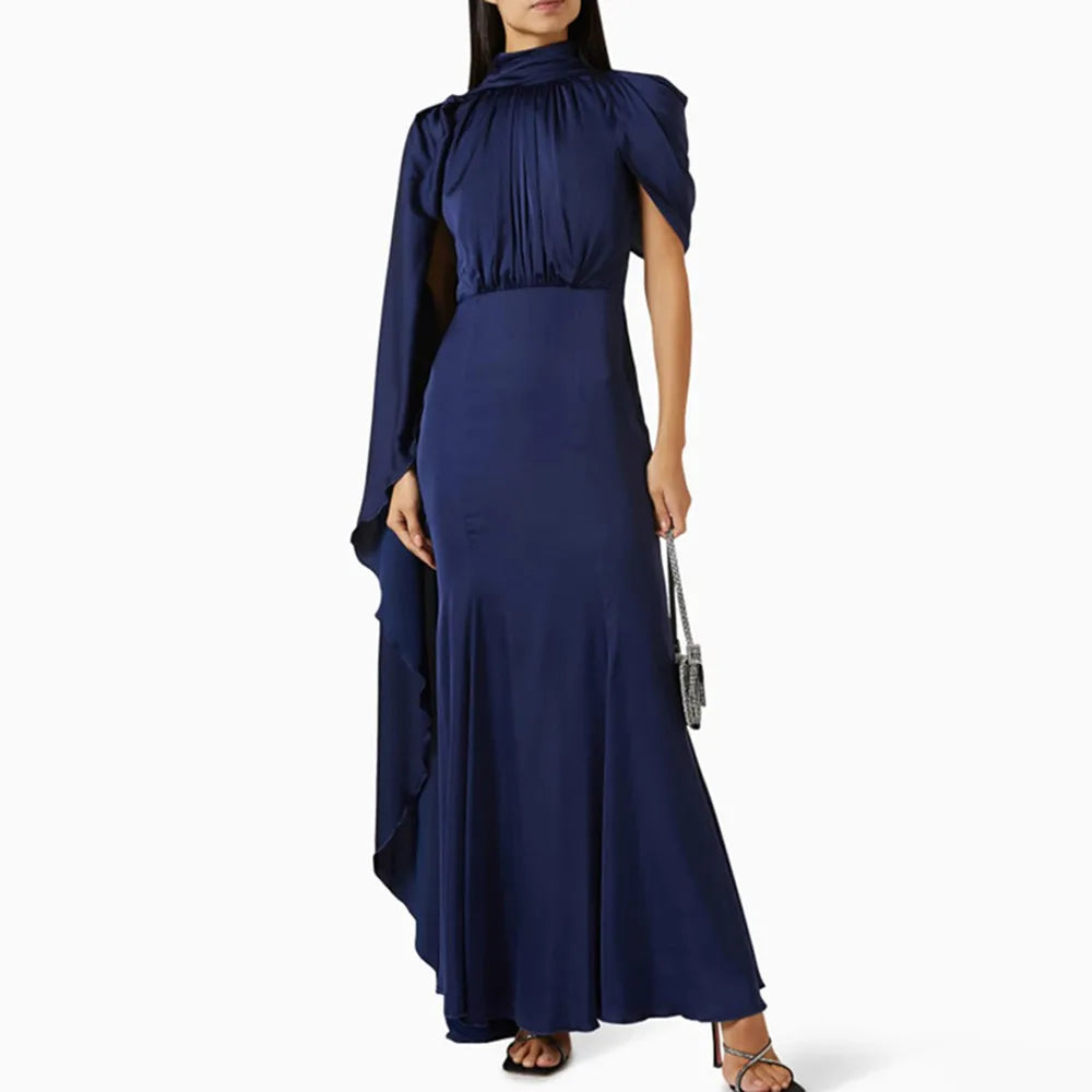 KBQ Solid Spliced Folds Elegant Dress For Women Stand Collar One Shoulder Sleeve High Waist Temperament Dresses Female Fashion - CHRISTDEST GLOBAL SERVICE