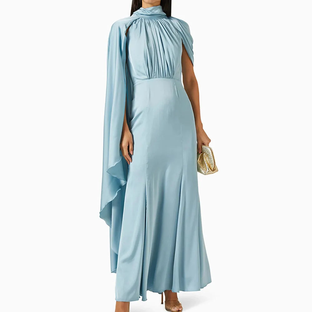 KBQ Solid Spliced Folds Elegant Dress For Women Stand Collar One Shoulder Sleeve High Waist Temperament Dresses Female Fashion - CHRISTDEST GLOBAL SERVICE