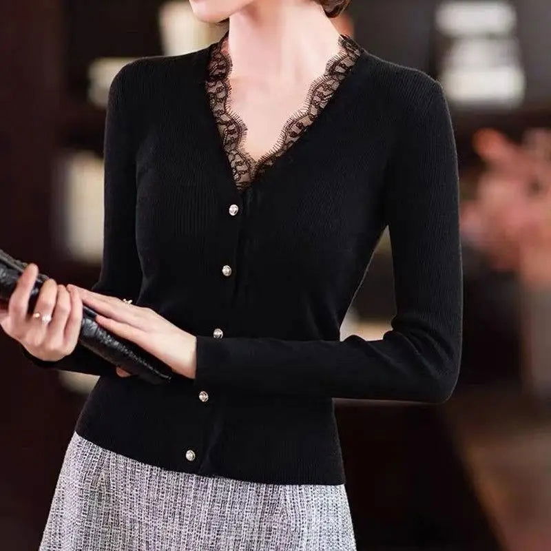 Korean Solid Color Slim Knitted Cardigan Women's Clothing Single-breasted Spring Autumn Fashion Elegant Lace Spliced Sweaters - CHRISTDEST GLOBAL SERVICE