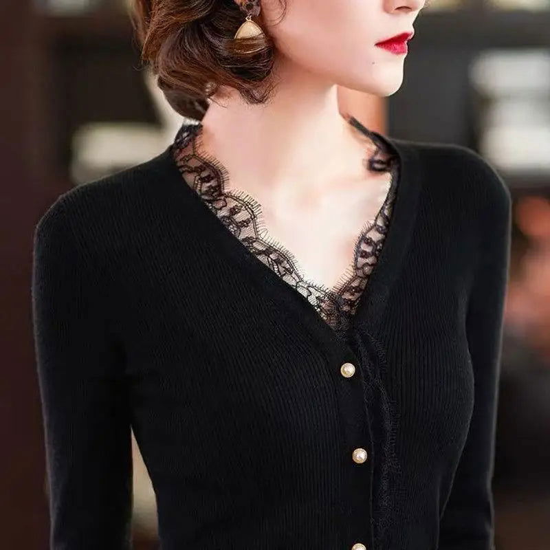 Korean Solid Color Slim Knitted Cardigan Women's Clothing Single-breasted Spring Autumn Fashion Elegant Lace Spliced Sweaters - CHRISTDEST GLOBAL SERVICE
