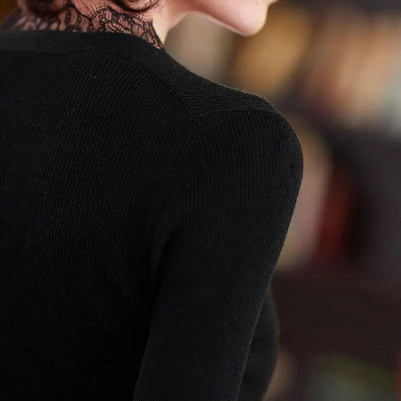 Korean Solid Color Slim Knitted Cardigan Women's Clothing Single-breasted Spring Autumn Fashion Elegant Lace Spliced Sweaters - CHRISTDEST GLOBAL SERVICE