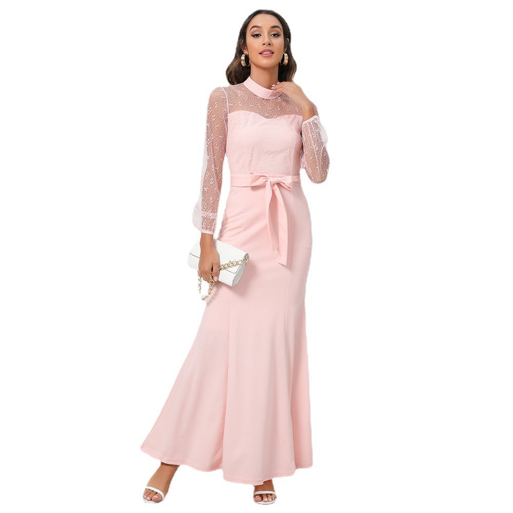 Ladies Lace Long Sleeve Round Neck Tie Dress - CHRISTDEST GLOBAL SERVICE