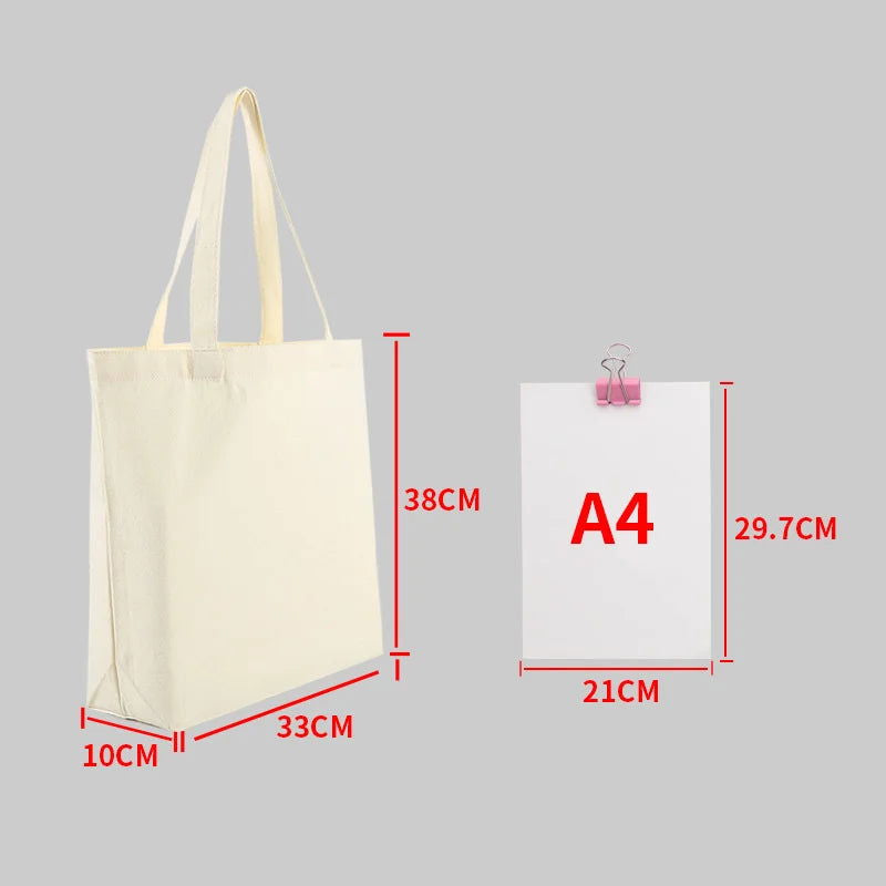 Large Capacity Canvas Shoulder Handbag Folding Eco-Friendly Cotton Tote Bags Reusable DIY Shoulder Bag Grocery Bag Beige White - CHRISTDEST GLOBAL SERVICE