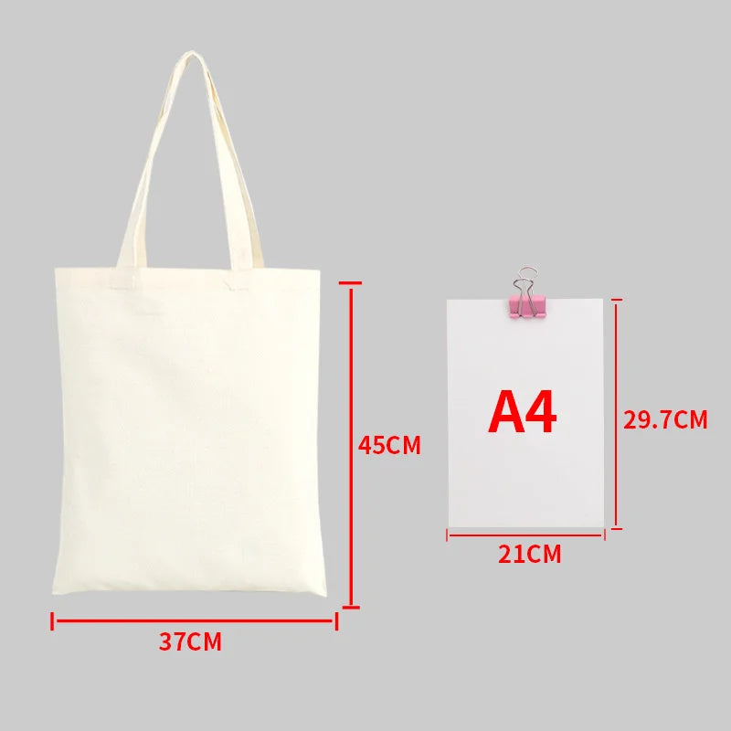 Large Capacity Canvas Shoulder Handbag Folding Eco-Friendly Cotton Tote Bags Reusable DIY Shoulder Bag Grocery Bag Beige White - CHRISTDEST GLOBAL SERVICE