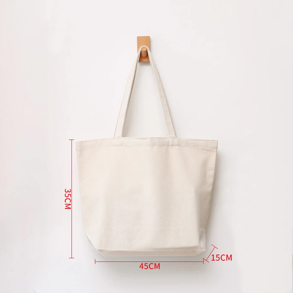 Large Capacity Canvas Shoulder Handbag Folding Eco-Friendly Cotton Tote Bags Reusable DIY Shoulder Bag Grocery Bag Beige White - CHRISTDEST GLOBAL SERVICE