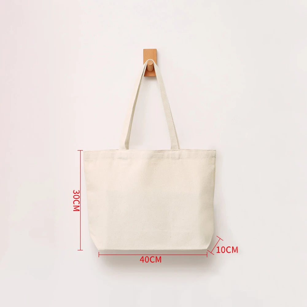 Large Capacity Canvas Shoulder Handbag Folding Eco-Friendly Cotton Tote Bags Reusable DIY Shoulder Bag Grocery Bag Beige White - CHRISTDEST GLOBAL SERVICE