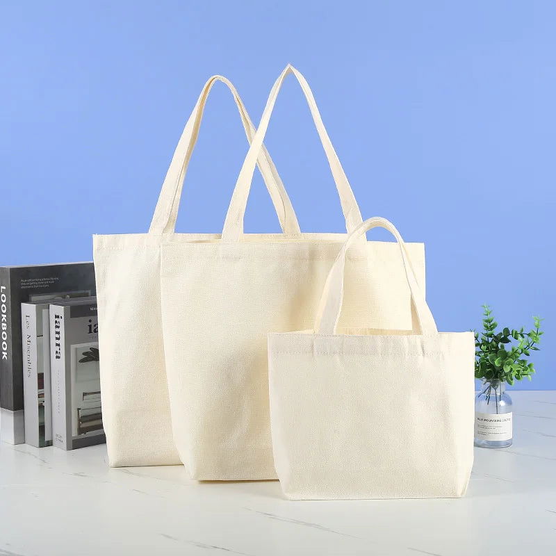 Large Capacity Canvas Shoulder Handbag Folding Eco-Friendly Cotton Tote Bags Reusable DIY Shoulder Bag Grocery Bag Beige White - CHRISTDEST GLOBAL SERVICE