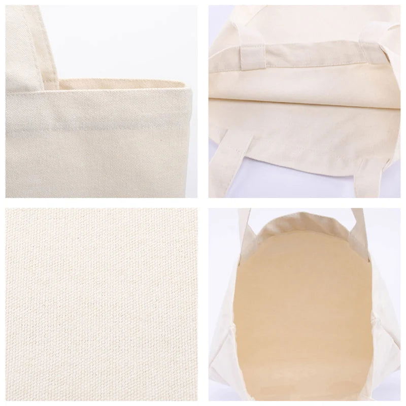 Large Capacity Canvas Shoulder Handbag Folding Eco-Friendly Cotton Tote Bags Reusable DIY Shoulder Bag Grocery Bag Beige White - CHRISTDEST GLOBAL SERVICE