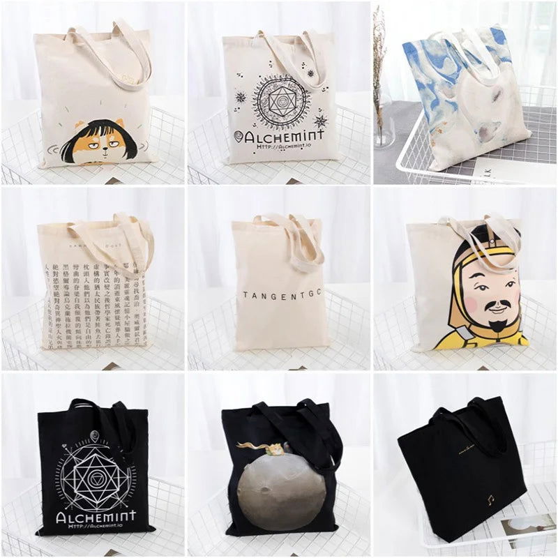 Large Capacity Canvas Shoulder Handbag Folding Eco-Friendly Cotton Tote Bags Reusable DIY Shoulder Bag Grocery Bag Beige White - CHRISTDEST GLOBAL SERVICE