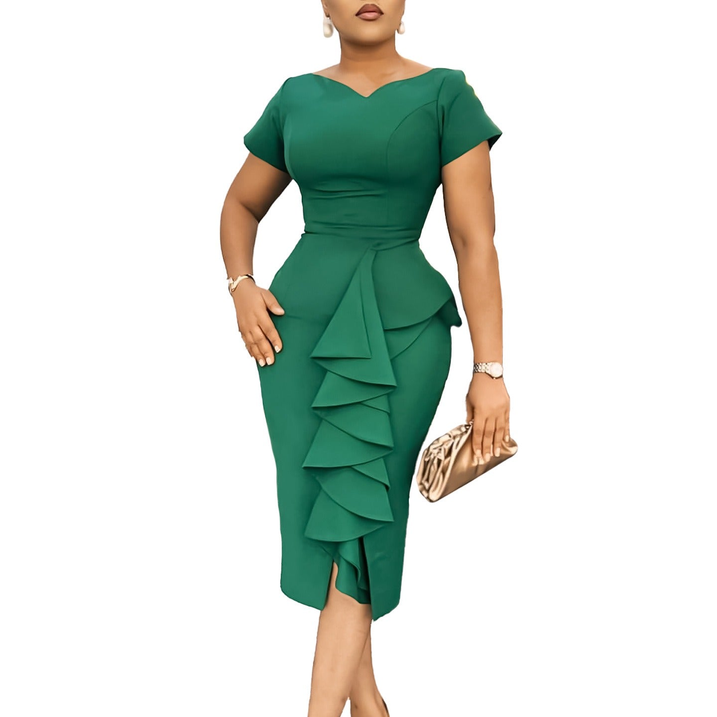 Large size women's fashion, solid color, ruffle edge splicing, temperament, commuting, professional bag, hip skirt, dress for women - CHRISTDEST GLOBAL SERVICE