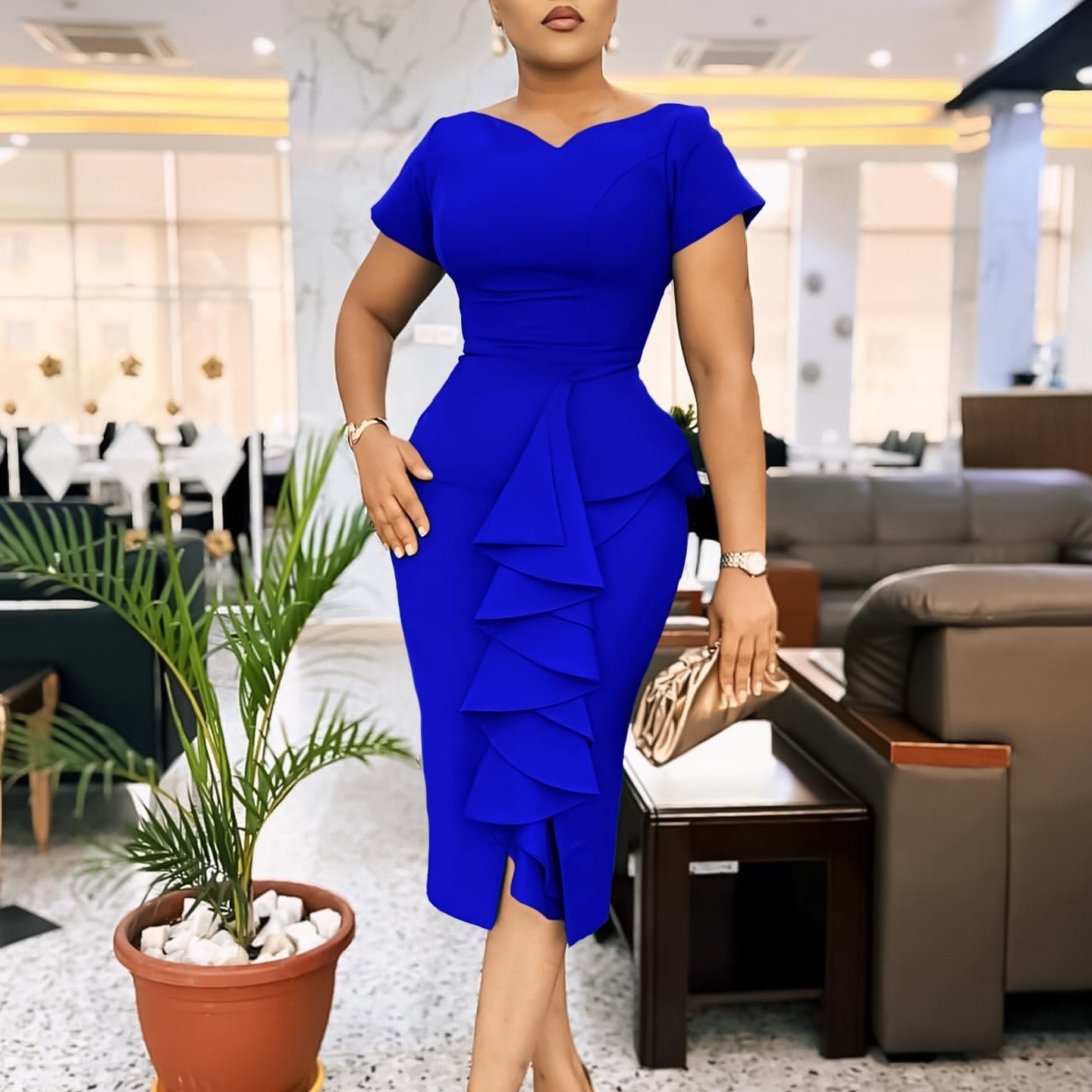 Large size women's fashion, solid color, ruffle edge splicing, temperament, commuting, professional bag, hip skirt, dress for women - CHRISTDEST GLOBAL SERVICE