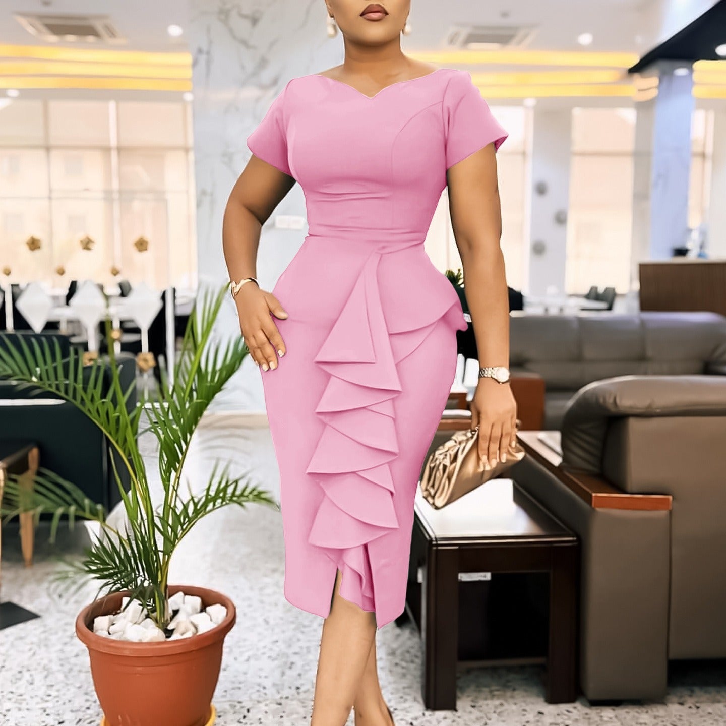 Large size women's fashion, solid color, ruffle edge splicing, temperament, commuting, professional bag, hip skirt, dress for women - CHRISTDEST GLOBAL SERVICE