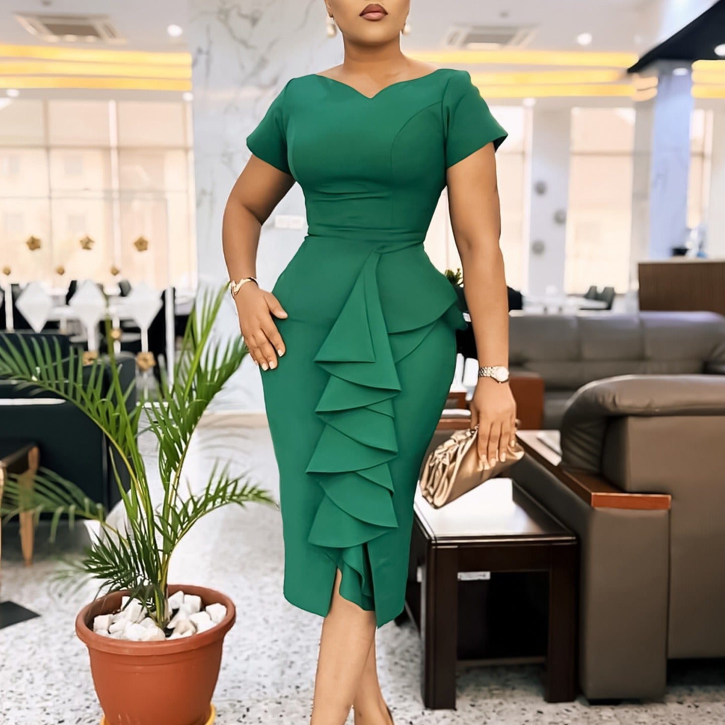 Large size women's fashion, solid color, ruffle edge splicing, temperament, commuting, professional bag, hip skirt, dress for women - CHRISTDEST GLOBAL SERVICE
