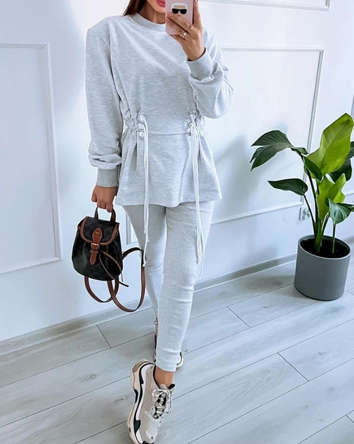 Light Gray Threaded Round Neck Long Sleeved Drawstring Waist Design, New Lantern Sleeve Casual Versatile Sportswear Sweatshirt - CHRISTDEST GLOBAL SERVICE