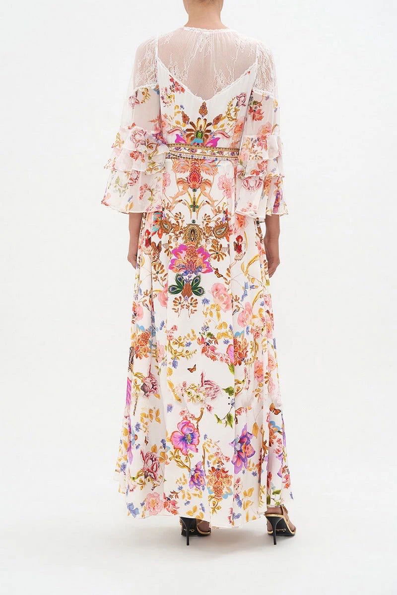 New women's Bohemian print trumpet-sleeve long dress Holiday lace-up apron with print slip skirt base - CHRISTDEST GLOBAL SERVICE