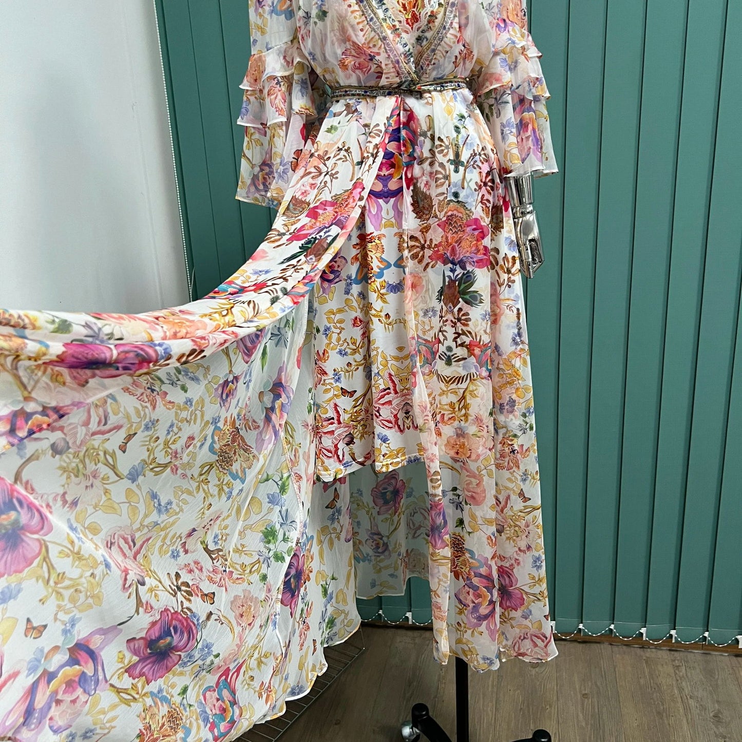 New women's Bohemian print trumpet-sleeve long dress Holiday lace-up apron with print slip skirt base - CHRISTDEST GLOBAL SERVICE