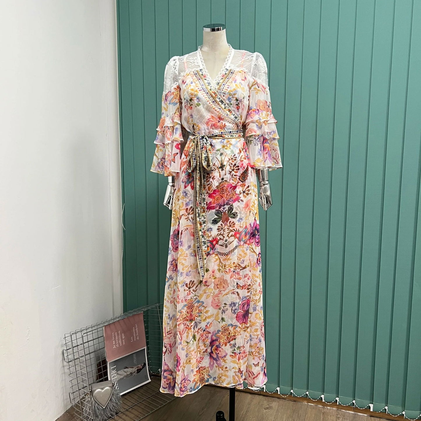 New women's Bohemian print trumpet-sleeve long dress Holiday lace-up apron with print slip skirt base - CHRISTDEST GLOBAL SERVICE