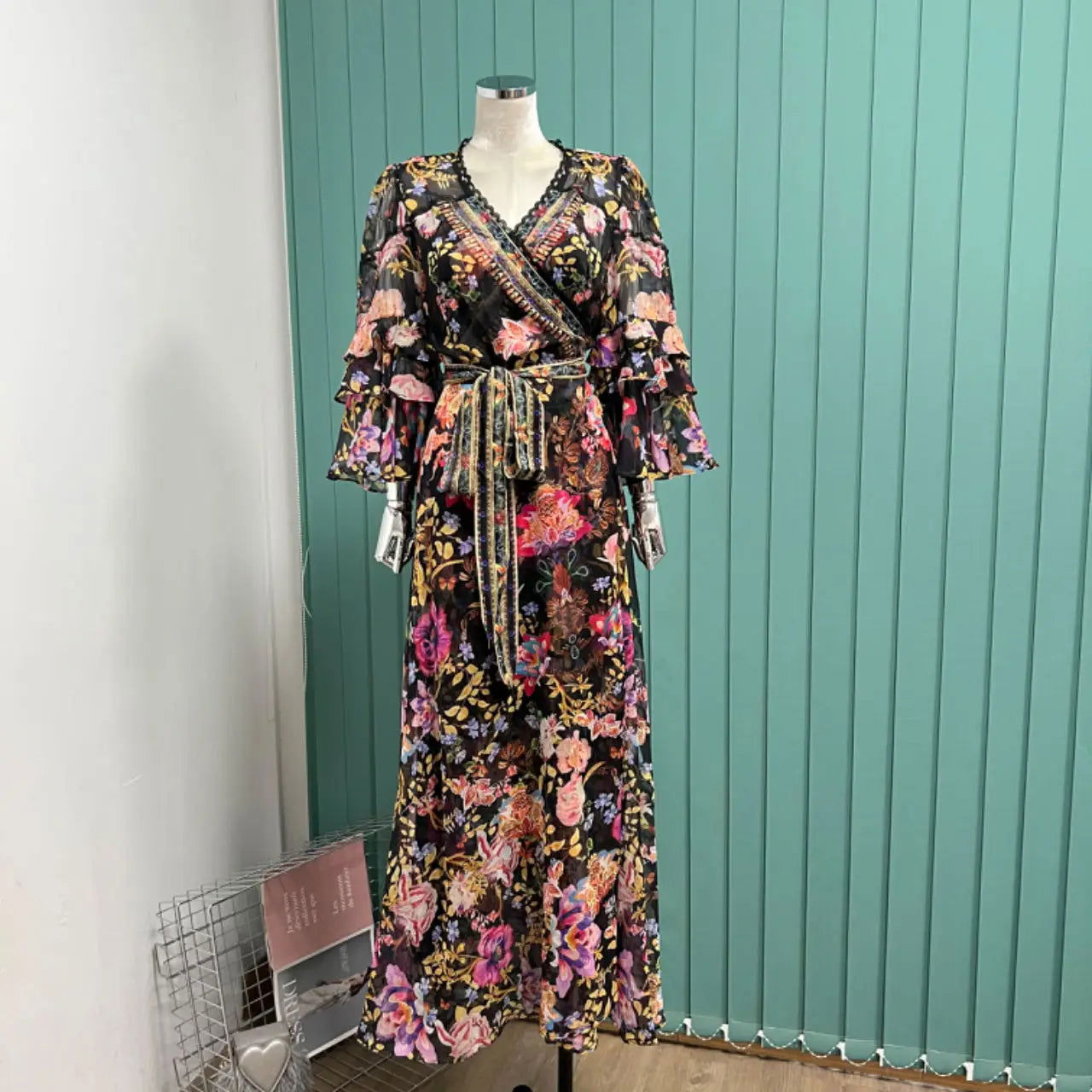 New women's Bohemian print trumpet-sleeve long dress Holiday lace-up apron with print slip skirt base - CHRISTDEST GLOBAL SERVICE