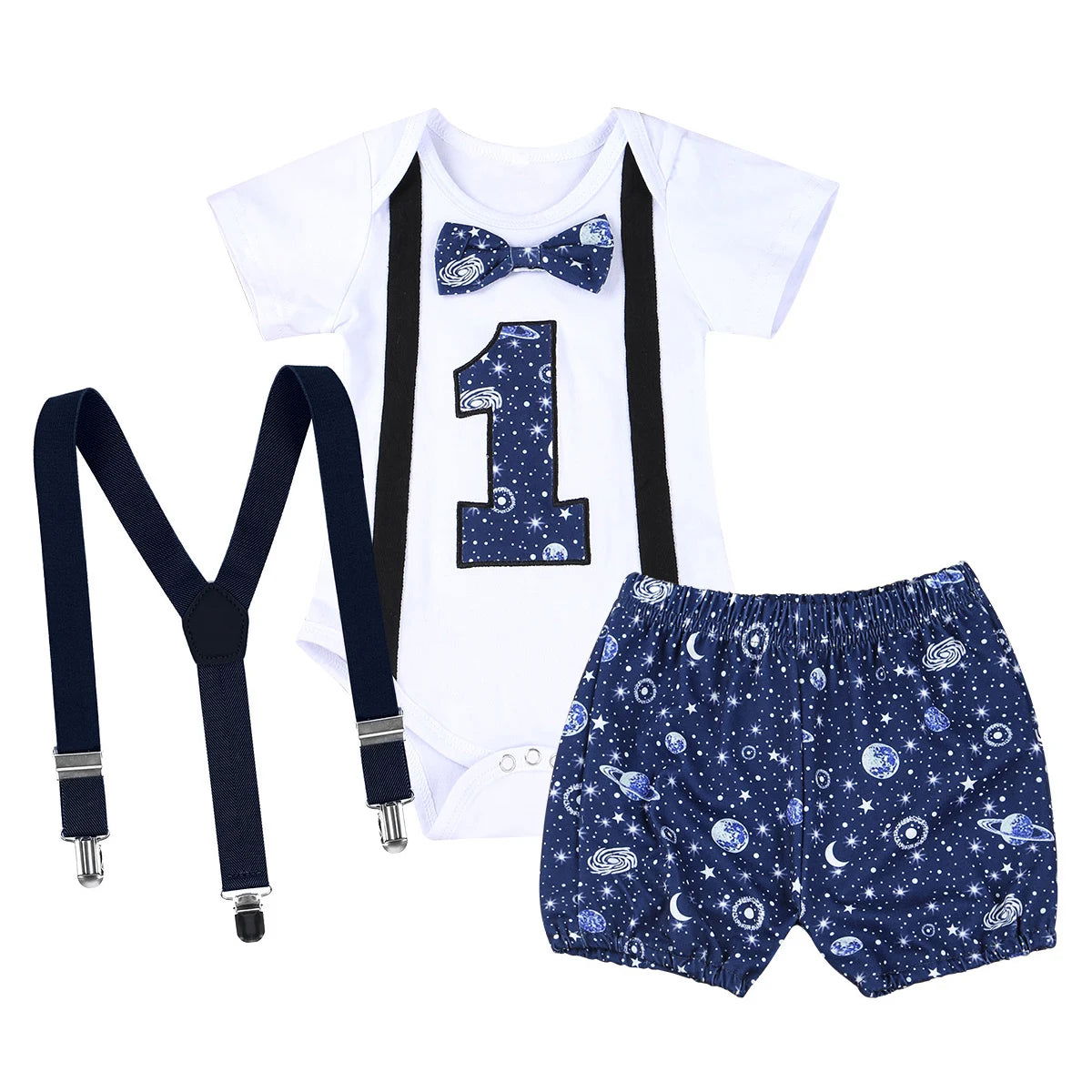 Newborn Baby Boys Gentleman Clothing Set Short Sleeve Letter Romper Tops Straps Shorts Outfits 1st Birthday Clothes for Babies - CHRISTDEST GLOBAL SERVICE