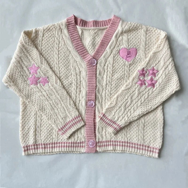 Pink Lover Cardigan Women Autumn Winter Heart Shaped Embroidery Cardigans Female Loose Fit V-neck Knitted Sweater Oversized Tops - CHRISTDEST GLOBAL SERVICE