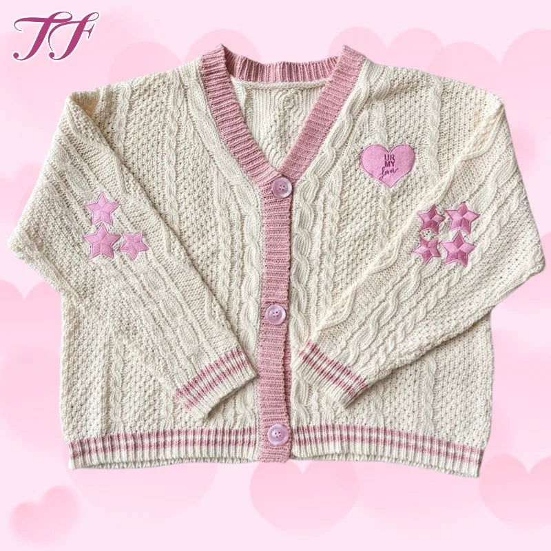 Pink Lover Cardigan Women Autumn Winter Heart Shaped Embroidery Cardigans Female Loose Fit V-neck Knitted Sweater Oversized Tops - CHRISTDEST GLOBAL SERVICE