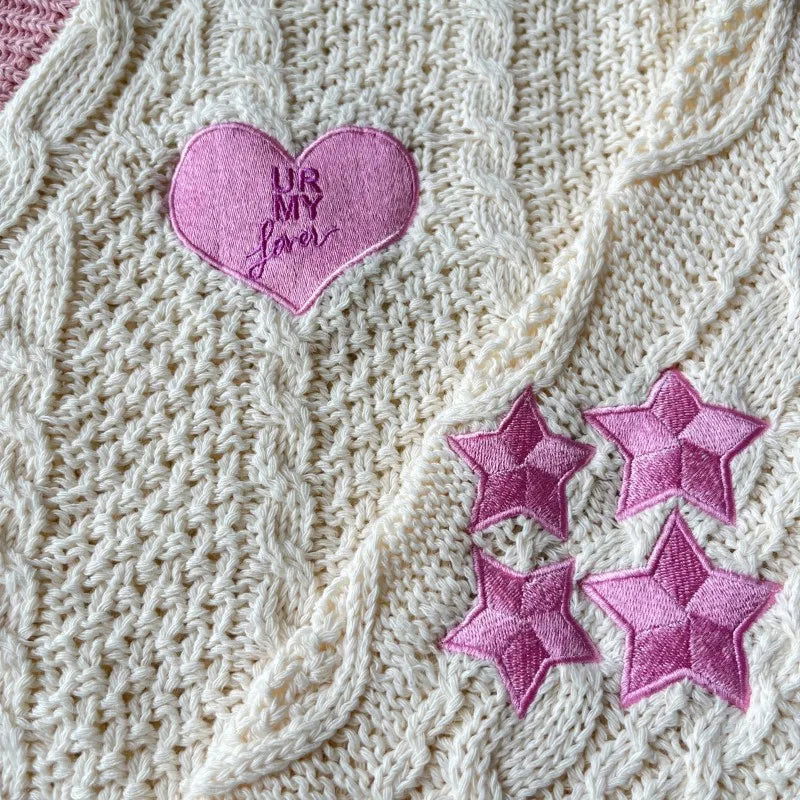Pink Lover Cardigan Women Autumn Winter Heart Shaped Embroidery Cardigans Female Loose Fit V-neck Knitted Sweater Oversized Tops - CHRISTDEST GLOBAL SERVICE