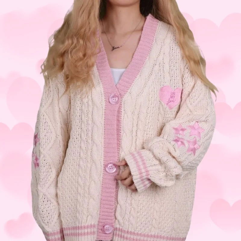 Pink Lover Cardigan Women Autumn Winter Heart Shaped Embroidery Cardigans Female Loose Fit V-neck Knitted Sweater Oversized Tops - CHRISTDEST GLOBAL SERVICE