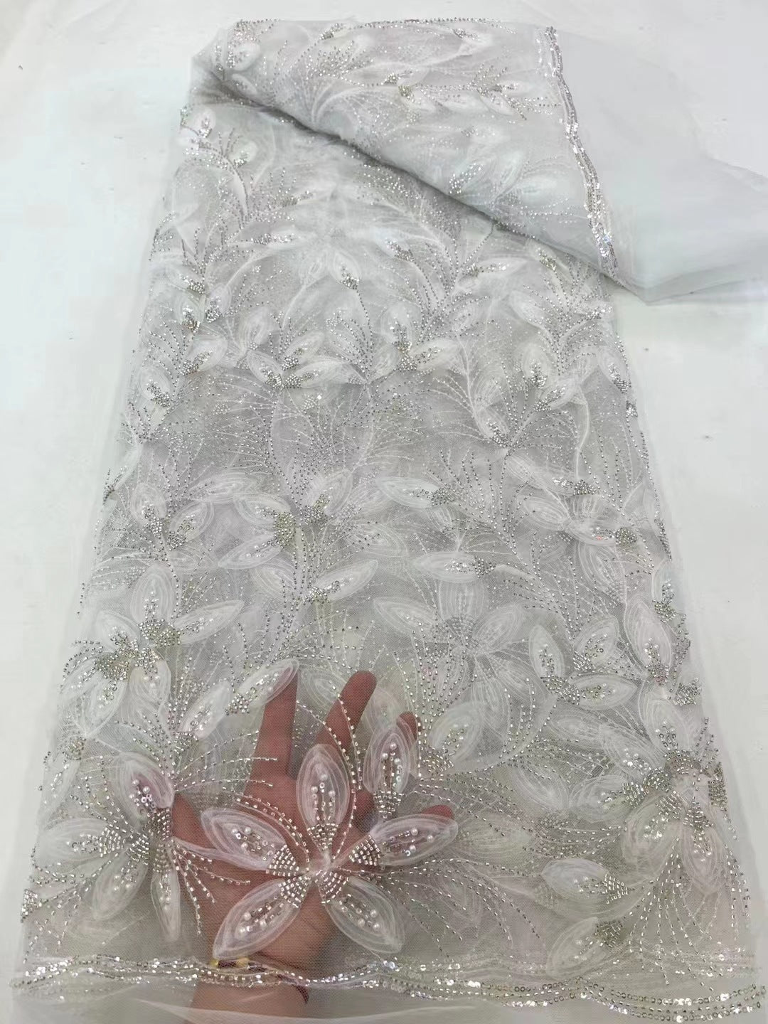 Ribbon Flower Beaded Tulle Lace Fabric Cocktail Party Occasion Evening Dress Embroidered Cloth Lace - CHRISTDEST GLOBAL SERVICE