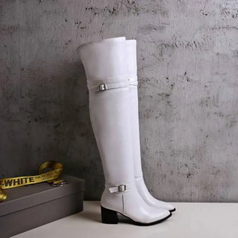 Fashion Knee High Boots Women Winter Boots Chunky Low Heel Long Boots Square Toe Buckle Autumn Female Thigh Black White 2025
