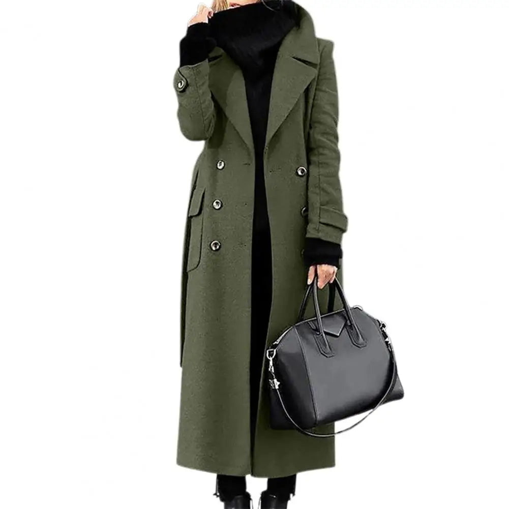 Women Woollen Overcoat Double-breasted Cardigan Mid-calf Length Long Sleeves Jacket Slim OL Formal Coat