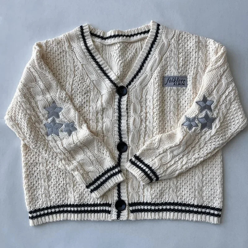 Stars Embroidered Black Cardigan Women Autumn Winter Letter Knitted Cardigans Female V-neck Long Sleeve Loose Fit Sweaters Tops - CHRISTDEST GLOBAL SERVICE