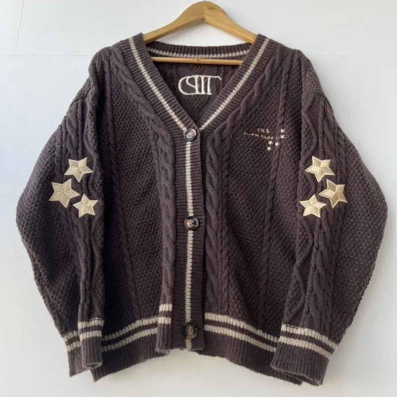 Stars Embroidered Black Cardigan Women Autumn Winter Letter Knitted Cardigans Female V-neck Long Sleeve Loose Fit Sweaters Tops - CHRISTDEST GLOBAL SERVICE