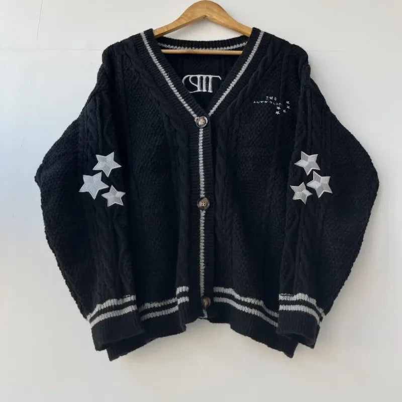 Stars Embroidered Black Cardigan Women Autumn Winter Letter Knitted Cardigans Female V-neck Long Sleeve Loose Fit Sweaters Tops - CHRISTDEST GLOBAL SERVICE
