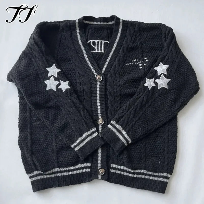 Stars Embroidered Black Cardigan Women Autumn Winter Letter Knitted Cardigans Female V-neck Long Sleeve Loose Fit Sweaters Tops - CHRISTDEST GLOBAL SERVICE