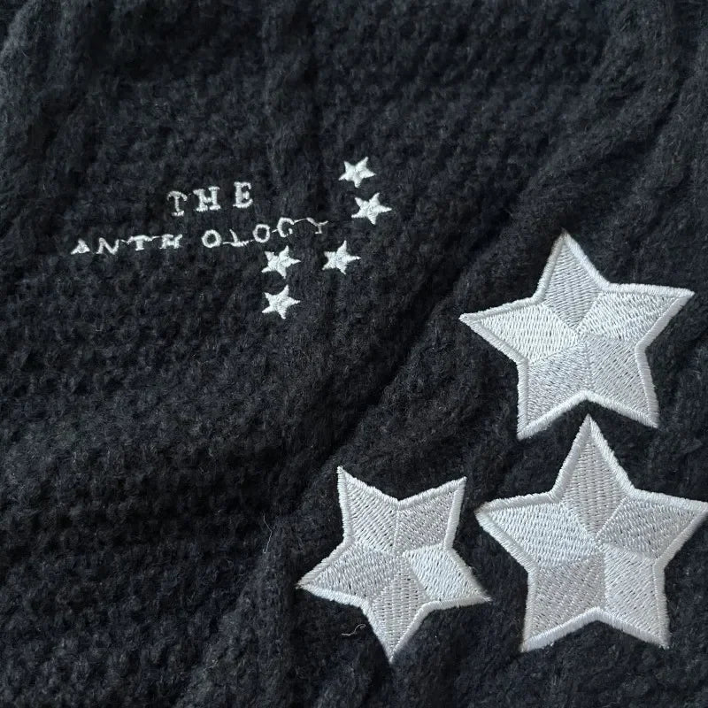 Stars Embroidered Black Cardigan Women Autumn Winter Letter Knitted Cardigans Female V-neck Long Sleeve Loose Fit Sweaters Tops - CHRISTDEST GLOBAL SERVICE