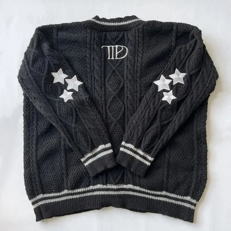Stars Embroidered Black Cardigan Women Autumn Winter Letter Knitted Cardigans Female V-neck Long Sleeve Loose Fit Sweaters Tops - CHRISTDEST GLOBAL SERVICE