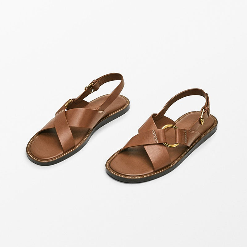 Summer new leather cross strap flat slippers black Roman sandals for women - CHRISTDEST GLOBAL SERVICE