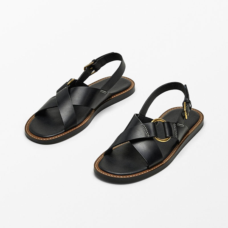 Summer new leather cross strap flat slippers black Roman sandals for women - CHRISTDEST GLOBAL SERVICE