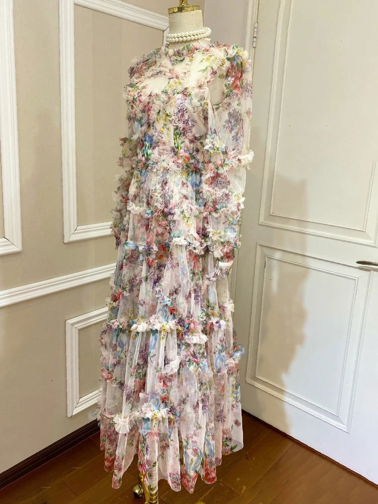 TWOTWINSTYLE Hit Color Print Dresses For Women Round Neck Lantern Sleeve High Waist Folds Elegant Dress Female Fashion Clothing - CHRISTDEST GLOBAL SERVICE
