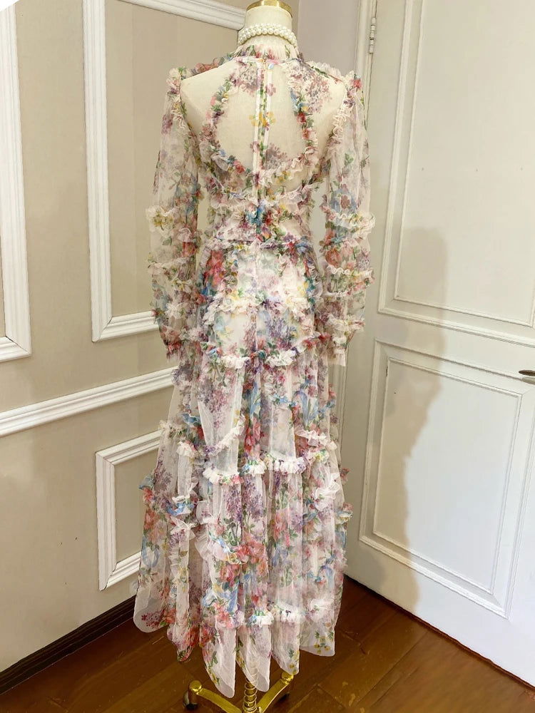 TWOTWINSTYLE Hit Color Print Dresses For Women Round Neck Lantern Sleeve High Waist Folds Elegant Dress Female Fashion Clothing - CHRISTDEST GLOBAL SERVICE