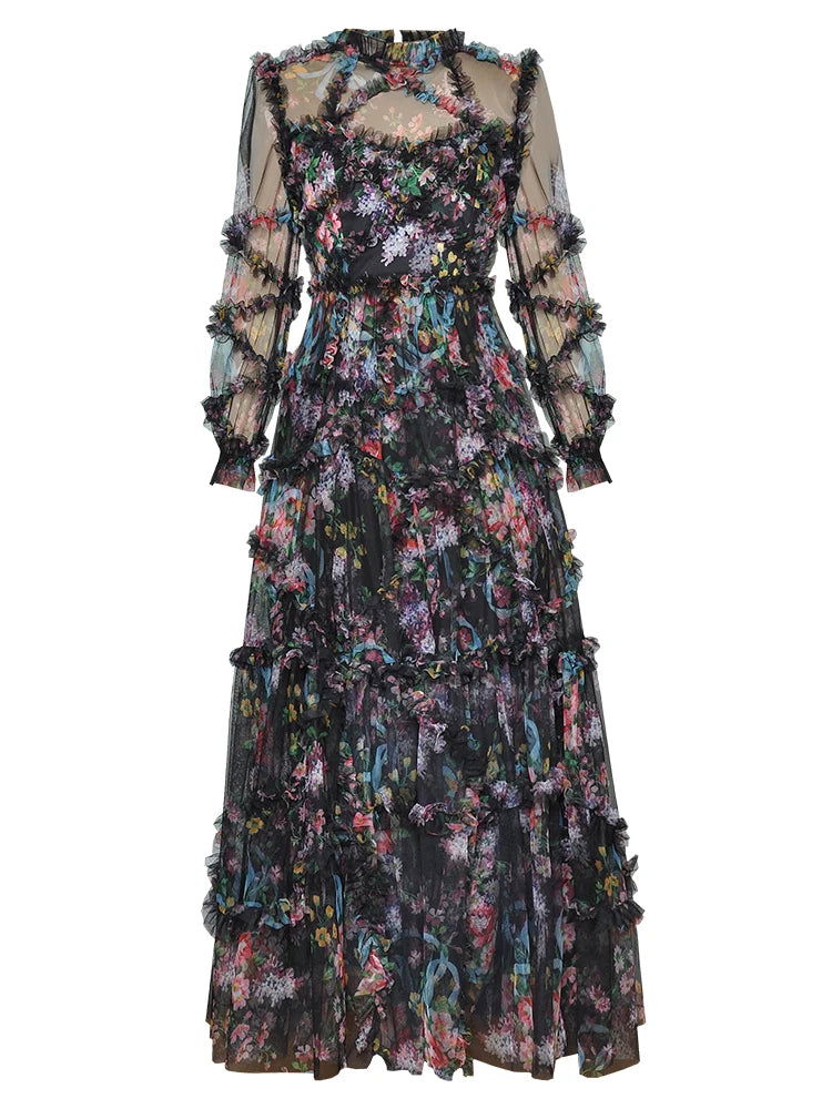 TWOTWINSTYLE Hit Color Print Dresses For Women Round Neck Lantern Sleeve High Waist Folds Elegant Dress Female Fashion Clothing - CHRISTDEST GLOBAL SERVICE