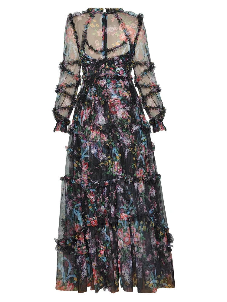 TWOTWINSTYLE Hit Color Print Dresses For Women Round Neck Lantern Sleeve High Waist Folds Elegant Dress Female Fashion Clothing - CHRISTDEST GLOBAL SERVICE