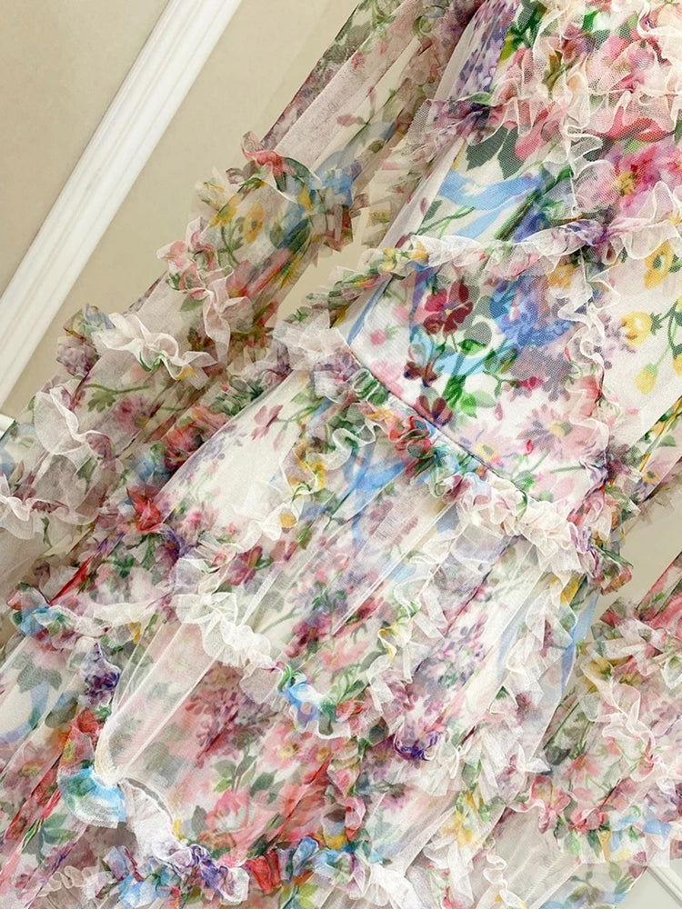 TWOTWINSTYLE Hit Color Print Dresses For Women Round Neck Lantern Sleeve High Waist Folds Elegant Dress Female Fashion Clothing - CHRISTDEST GLOBAL SERVICE