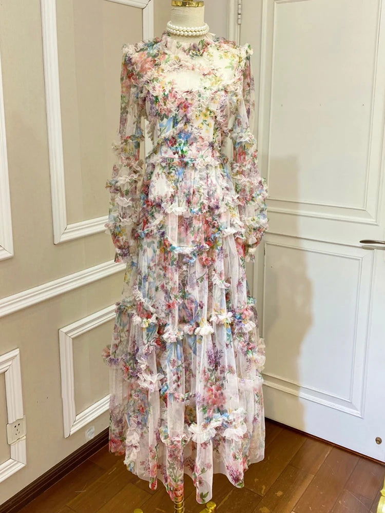 TWOTWINSTYLE Hit Color Print Dresses For Women Round Neck Lantern Sleeve High Waist Folds Elegant Dress Female Fashion Clothing - CHRISTDEST GLOBAL SERVICE