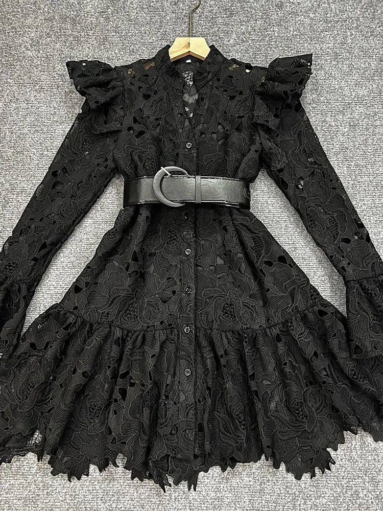 TWOTWINSTYLE Hollow Out Dresses For Women V Neck Flare Sleeve High Waist Patchwork Belt Mini Lace Dress Female Fashion Clothing - CHRISTDEST GLOBAL SERVICE