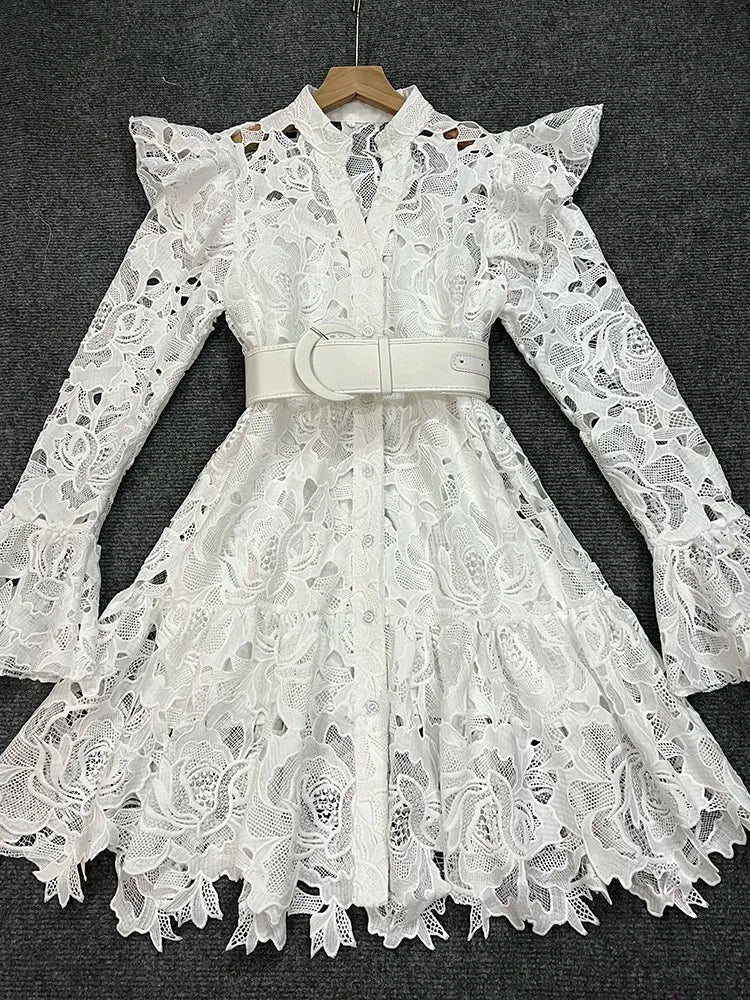 TWOTWINSTYLE Hollow Out Dresses For Women V Neck Flare Sleeve High Waist Patchwork Belt Mini Lace Dress Female Fashion Clothing - CHRISTDEST GLOBAL SERVICE