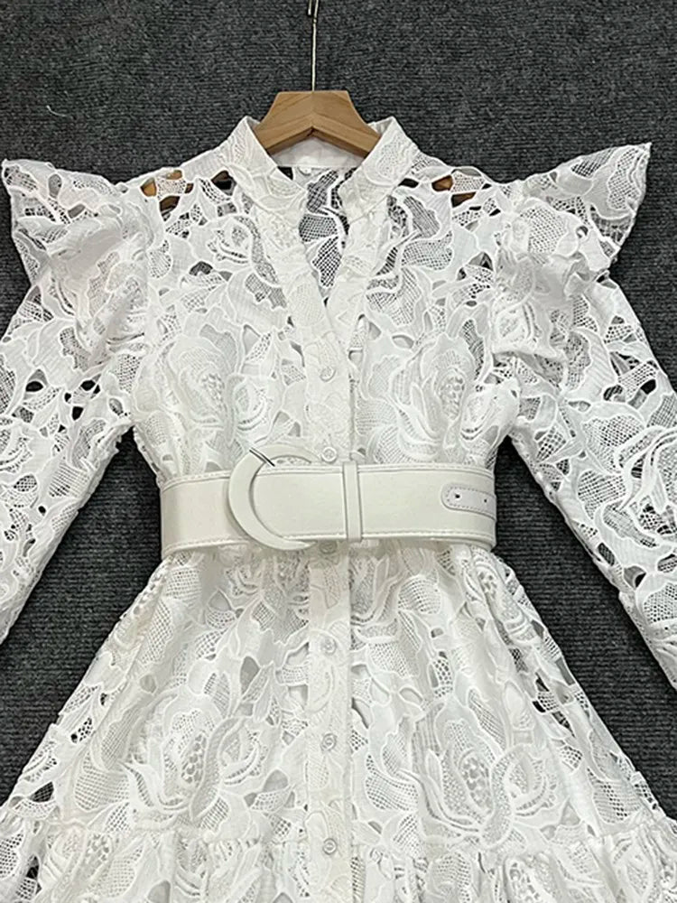 TWOTWINSTYLE Hollow Out Dresses For Women V Neck Flare Sleeve High Waist Patchwork Belt Mini Lace Dress Female Fashion Clothing - CHRISTDEST GLOBAL SERVICE
