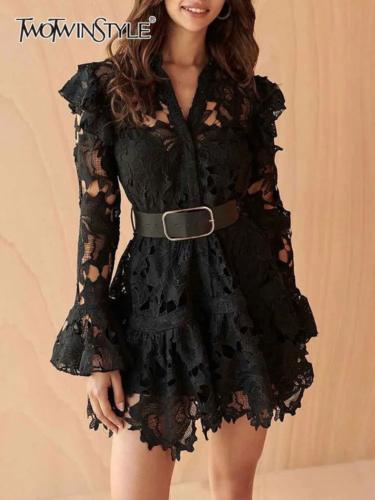 TWOTWINSTYLE Hollow Out Dresses For Women V Neck Flare Sleeve High Waist Patchwork Belt Mini Lace Dress Female Fashion Clothing - CHRISTDEST GLOBAL SERVICE